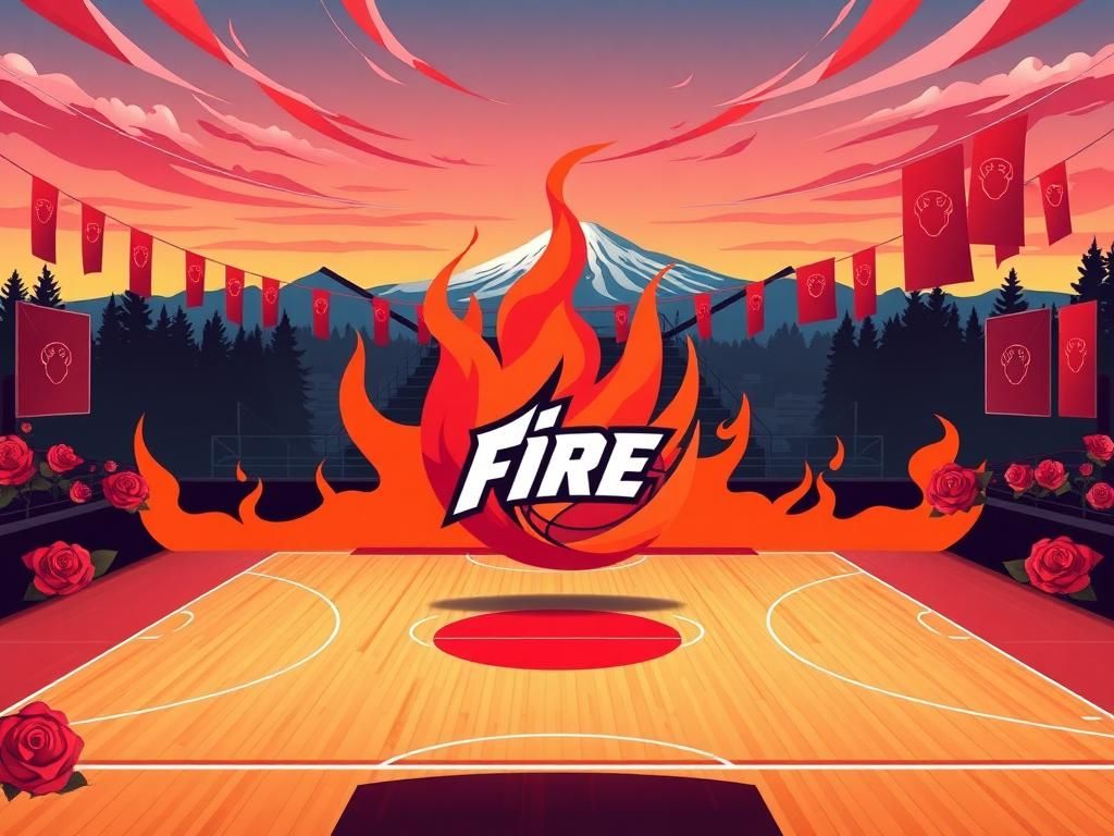 Flick International Stylized basketball court in Portland, Oregon, with iconic skyline and Mount Hood in the background