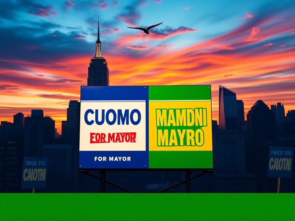 Flick International Sunset skyline of New York City with election posters for Cuomo and Mamdani