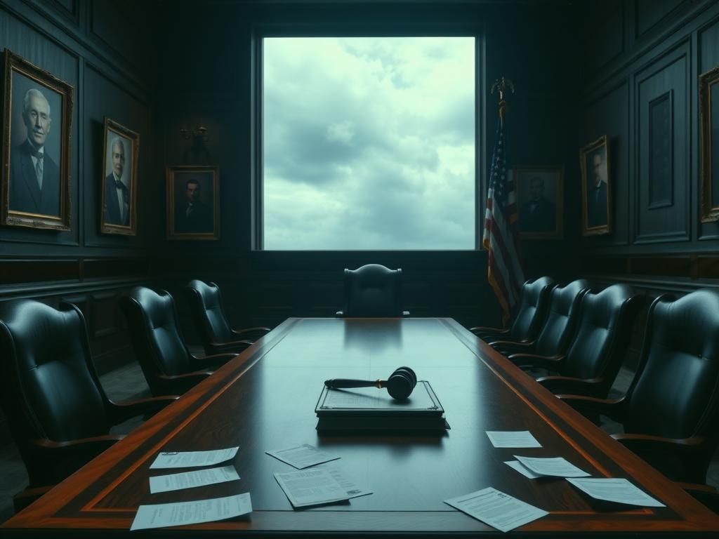Flick International Dimly lit congressional room with polished wooden table and empty chairs symbolizing absence of key witnesses