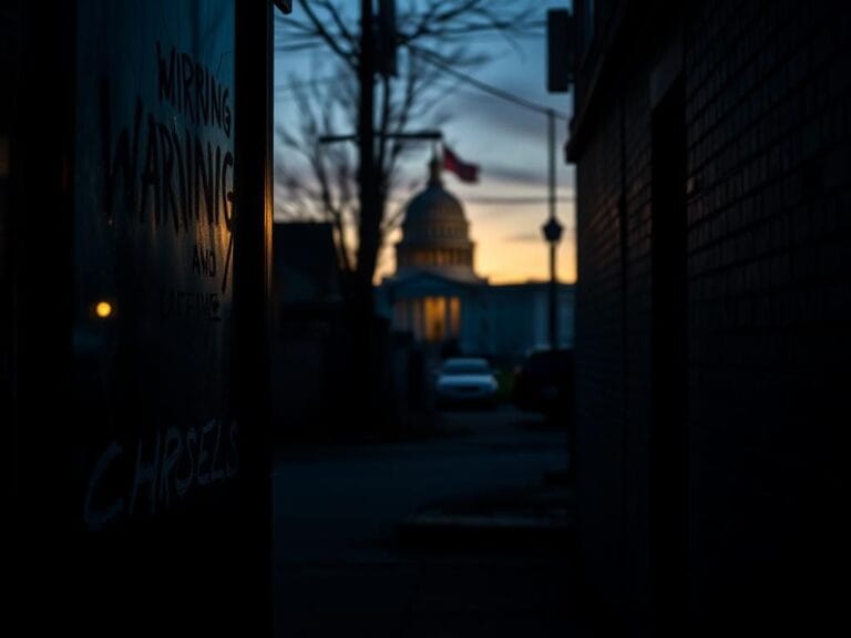 Flick International Dark urban landscape at dusk showing a desolate alleyway with a shattered glass window and warning graffiti