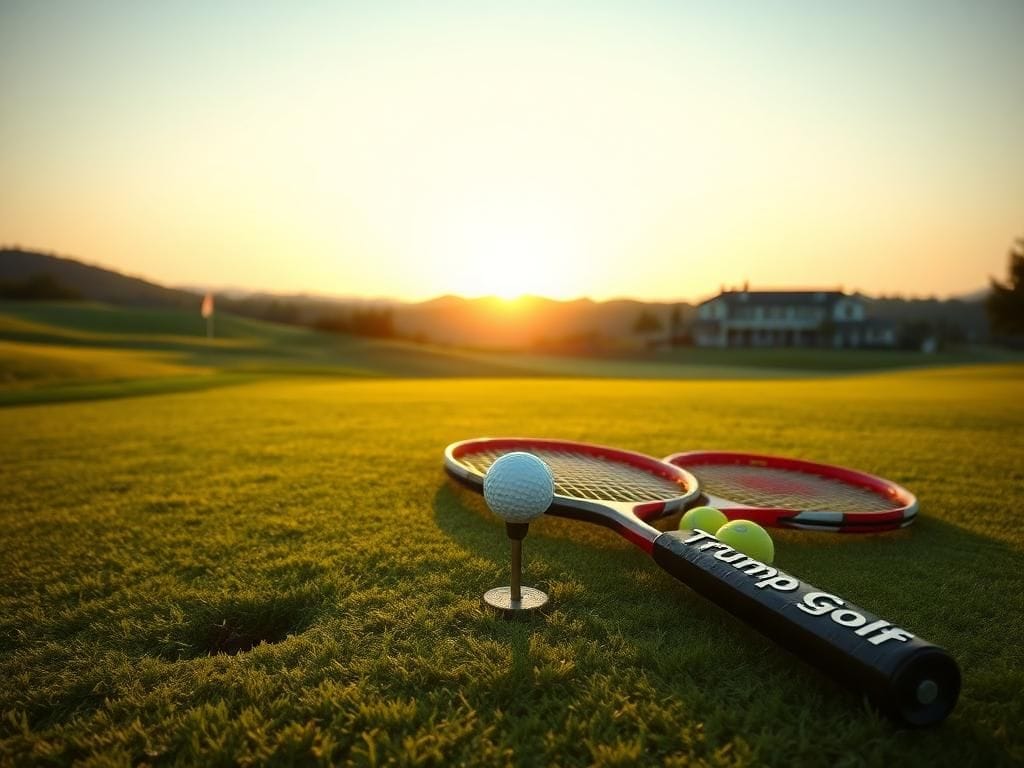Flick International A serene golf course at sunrise with a golf ball on a tee and tennis rackets nearby