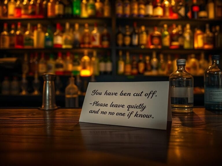 Flick International Dimly lit bar scene with a printed card reading 'You have been cut off' and colorful liquor bottles in the background
