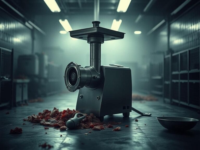 Flick International Industrial meat grinder in a food processing plant with remnants of raw meat and cleaning tools