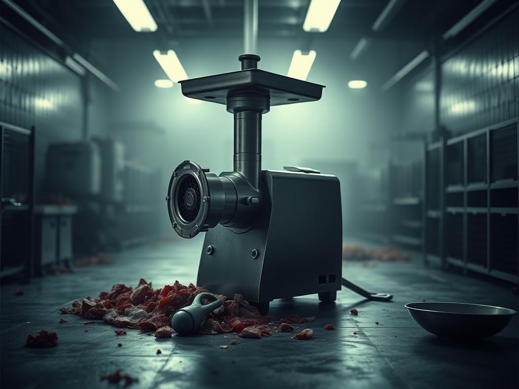 Flick International Industrial meat grinder in a food processing plant with remnants of raw meat and cleaning tools