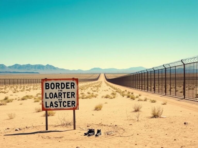 Flick International A desolate stretch of the U.S.-Mexico border with barbed wire fencing and a weathered border checkpoint sign