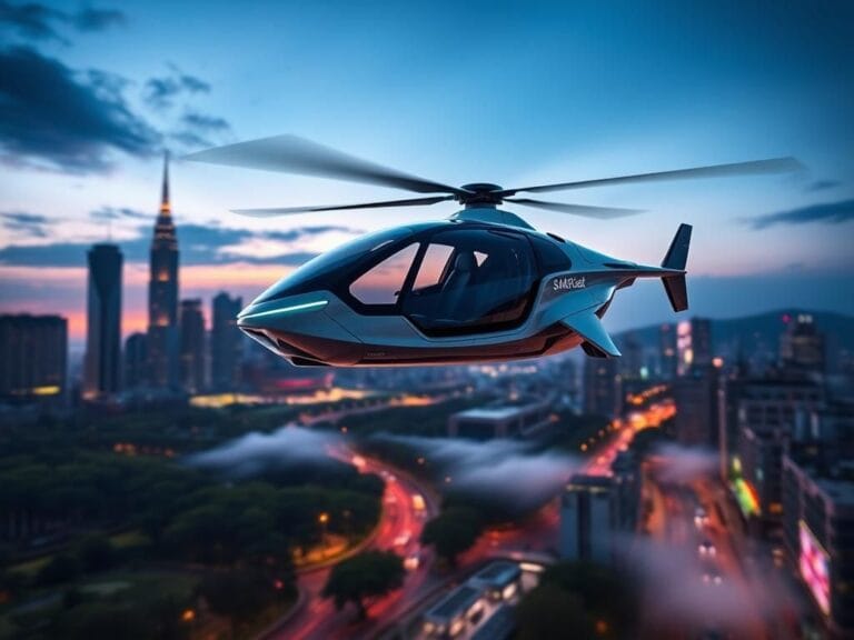 Flick International A sleek, futuristic flying car, the GAC Group's Govy AirCab, hovering above a vibrant urban skyline at twilight.