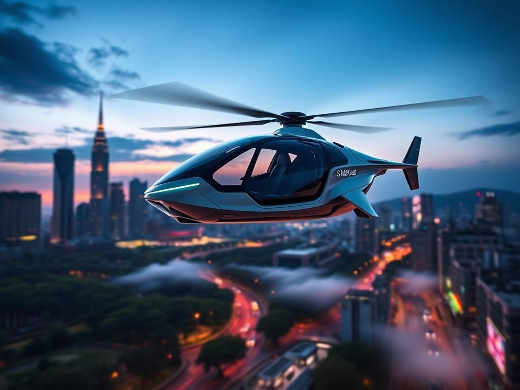 Flick International A sleek, futuristic flying car, the GAC Group's Govy AirCab, hovering above a vibrant urban skyline at twilight.