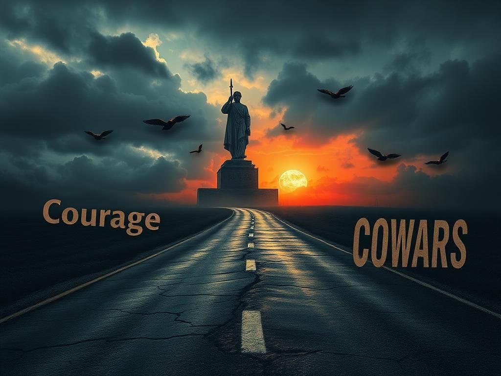 Flick International Abstract political landscape with a crumbling statue surrounded by dark clouds and diverging paths