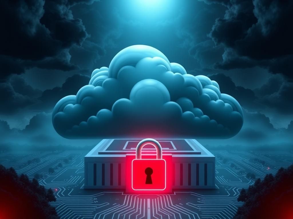 Flick International Digital illustration of a high-tech cloud computing facility with a shadow of the Pentagon