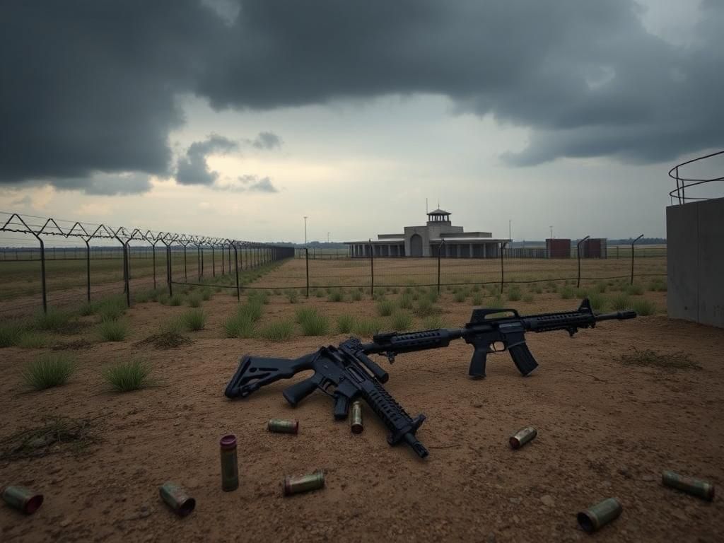 Flick International A desolate Texas detention center with barbed wire and stormy skies