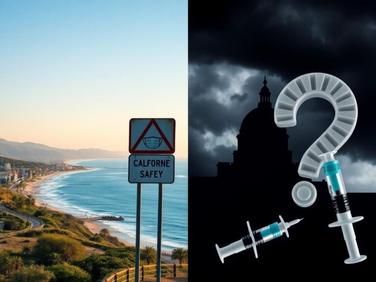 Flick International A split image contrasting a sunny California coastline with a dark silhouette of a government building