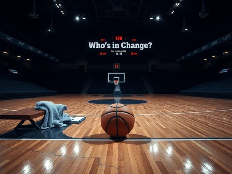 Flick International Dramatic basketball court with empty bench and clipboard