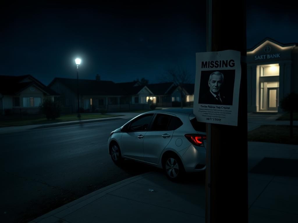 Flick International Shadowy street scene at dusk in Rancho Cucamonga with an empty silver Toyota Yaris and a missing person flyer