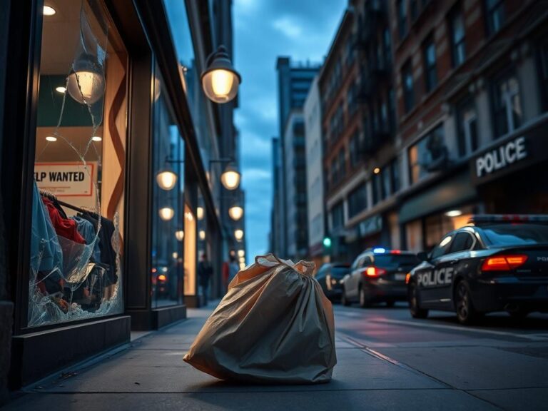 Flick International A bustling New York street scene with a shattered storefront window and discarded shopping bag, depicting the impact of retail theft.