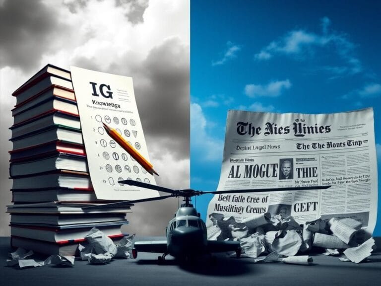 Flick International A split scene contrasting a stack of books and an IQ test with crumpled newspapers, symbolizing an intellectual debate.