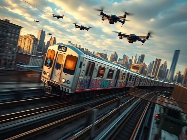 Flick International Aerial view of a subway train in the Bronx with kids surfing on top