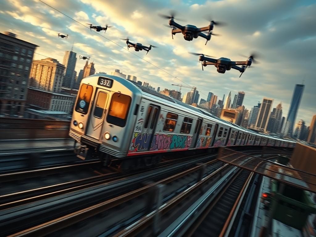 Flick International Aerial view of a subway train in the Bronx with kids surfing on top