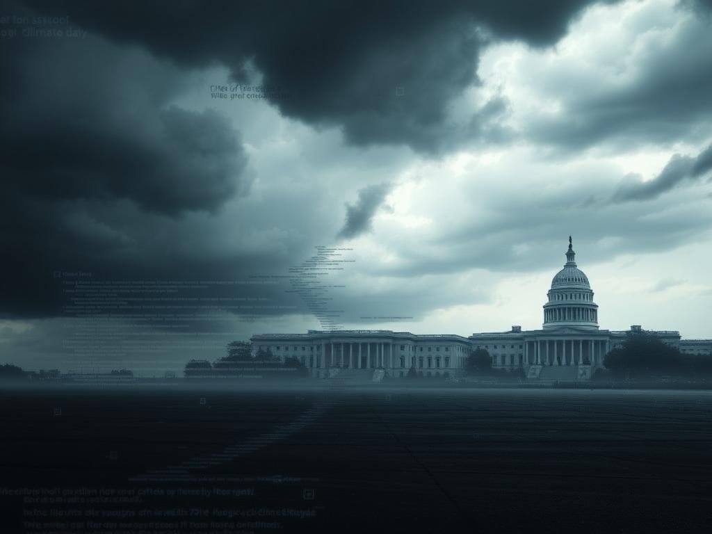 Flick International A darkened digital landscape depicting a malfunctioning climate assessment website amid stormy skies.