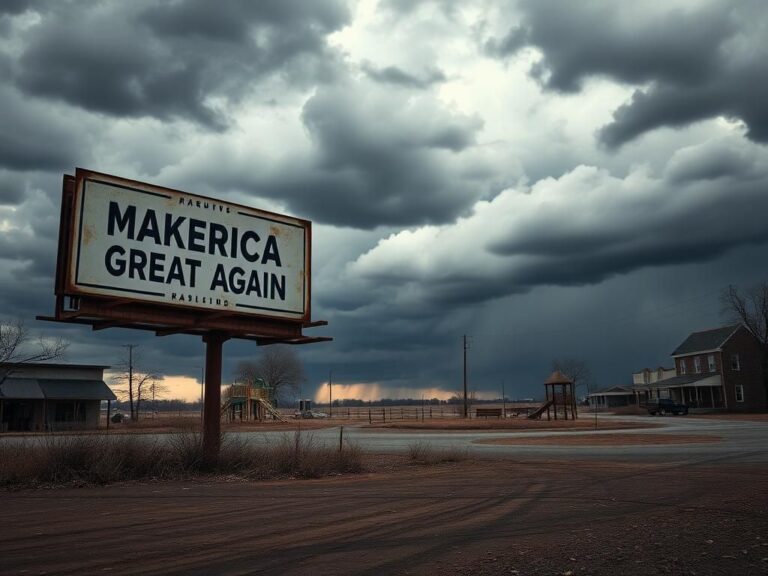 Flick International A barren town square with a rusted political billboard symbolizing the emptiness of cult-like loyalty