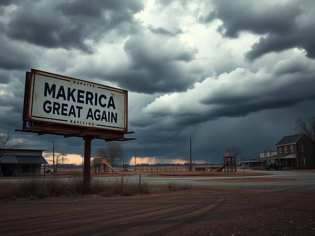 Flick International A barren town square with a rusted political billboard symbolizing the emptiness of cult-like loyalty