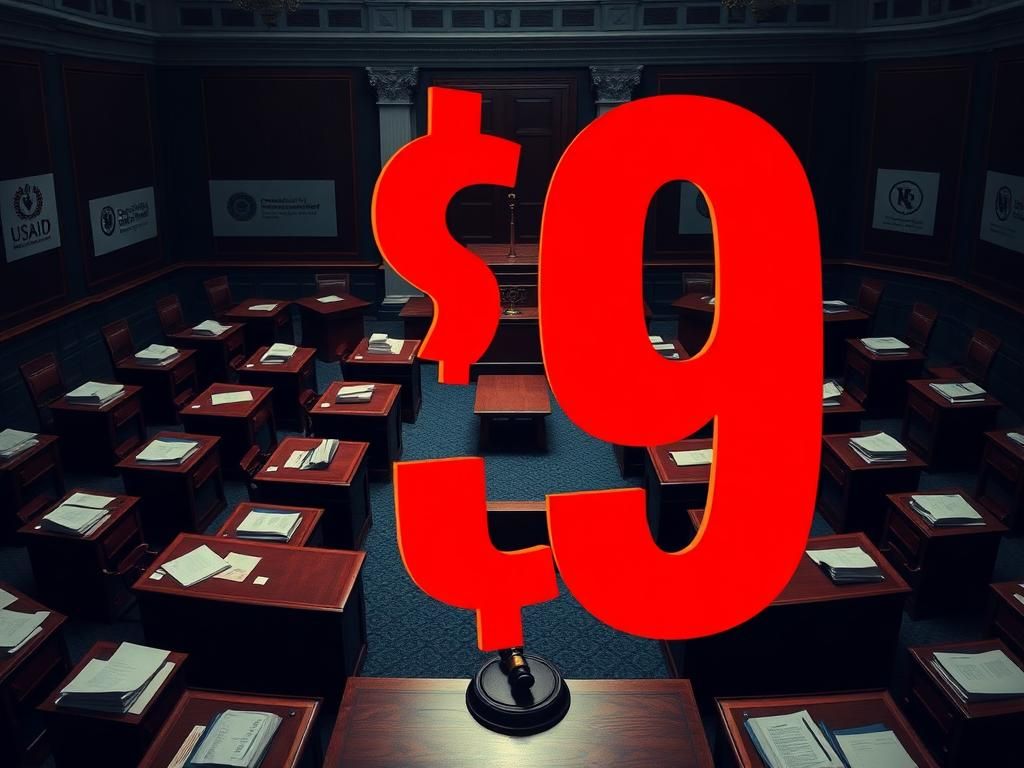 Flick International A dramatic and tense depiction of a Senate chamber with empty desks and financial reports, symbolizing legislative conflicts over funding cuts.