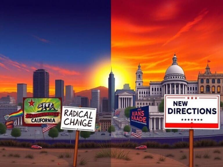 Flick International Dynamic urban landscape contrasting progressive and conservative symbols in California