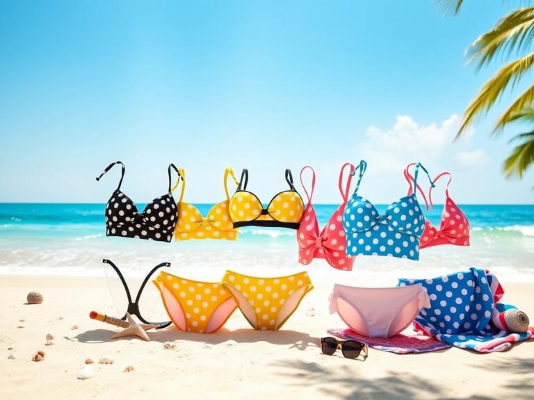 Flick International Vibrant beach scene showcasing colorful polka-dot bikinis on sandy shore