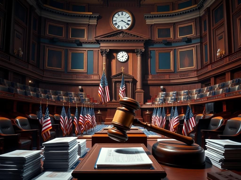 Flick International U.S. Senate chamber interior with empty seats and American flags, symbolizing ongoing budget debate