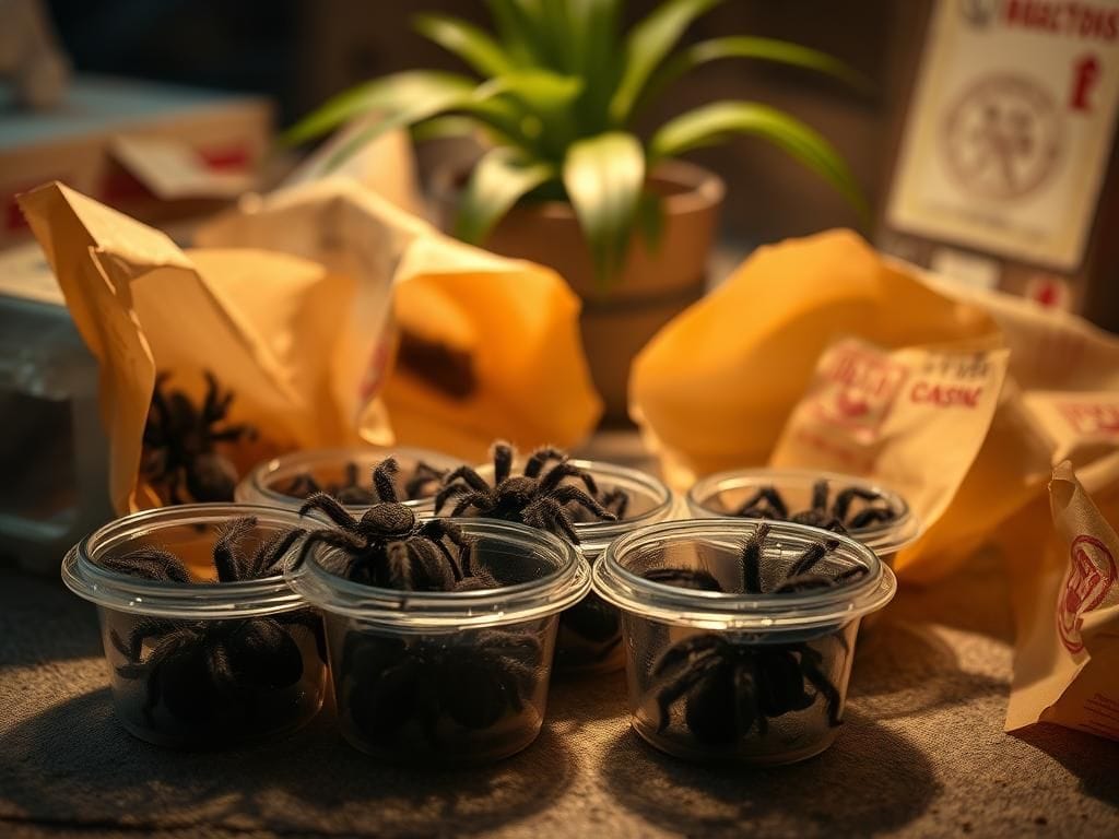Flick International Close-up of young tarantulas in plastic containers amidst spongecake packages