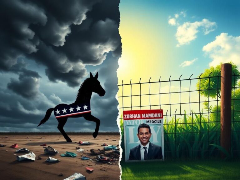 Flick International A split image showing turmoil and hope in New York's Democratic Party, featuring stormy clouds and a crumpled political poster on one side.