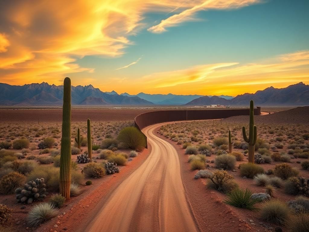 Flick International Vast Arizona landscape featuring the U.S.-Mexico border with desert terrain and cacti