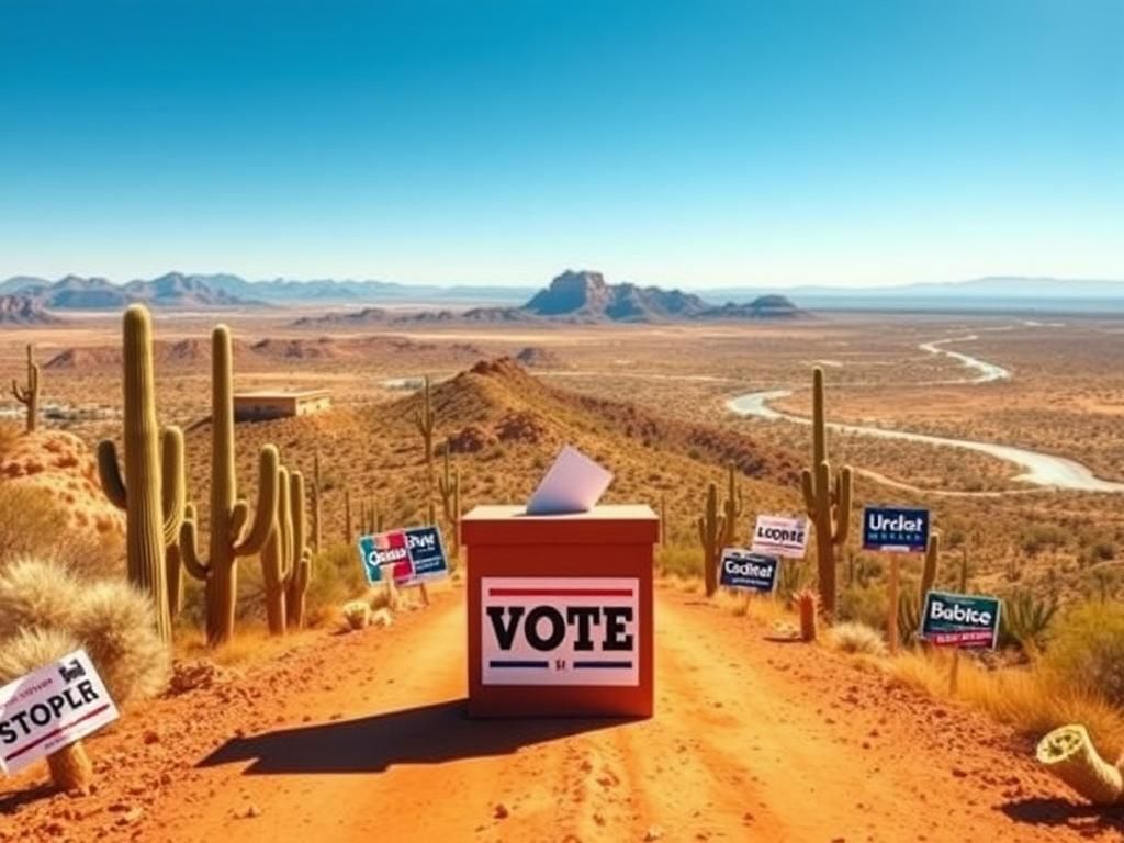 Flick International Vibrant Arizona landscape with cactus plants and campaign signs along a dusty road