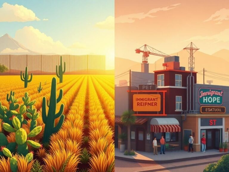 Flick International A split scene illustrating themes of immigration reform, featuring a vibrant agricultural field and an urban landscape.
