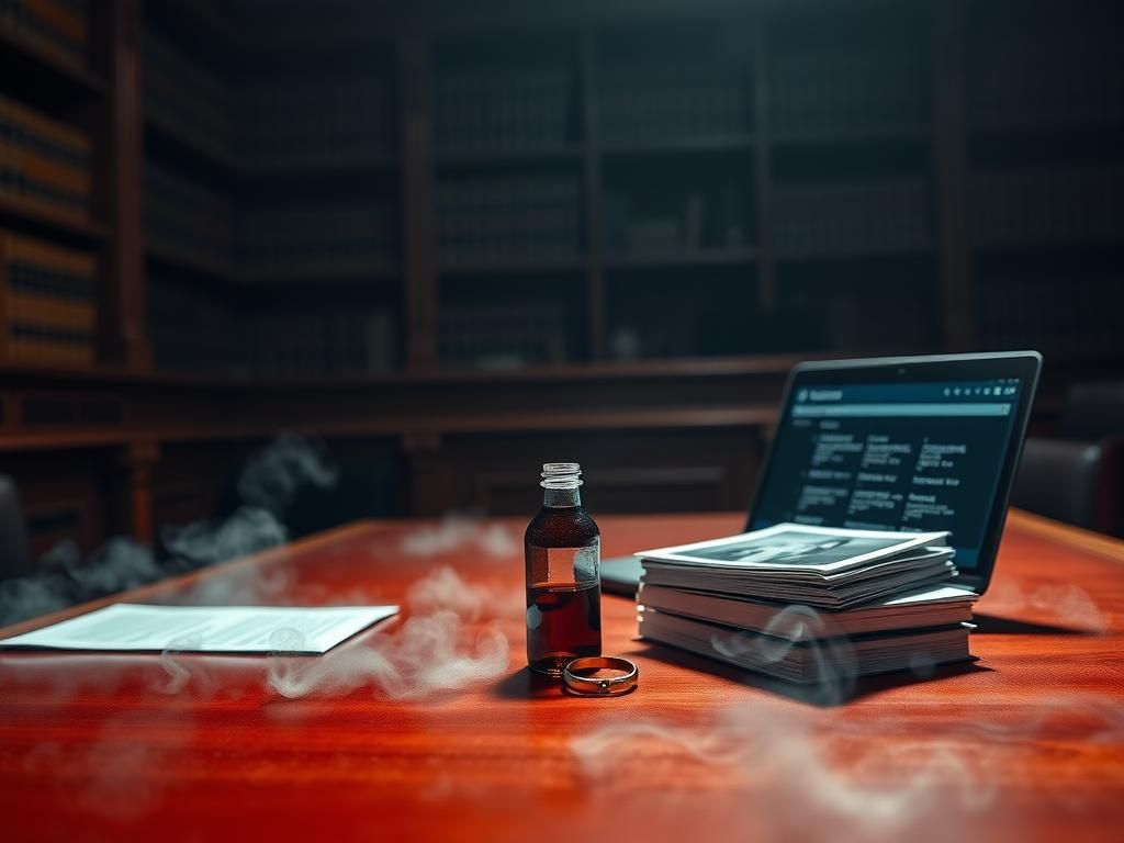 Flick International Tense courtroom scene with legal documents and a dark liquid bottle symbolizing cyanide