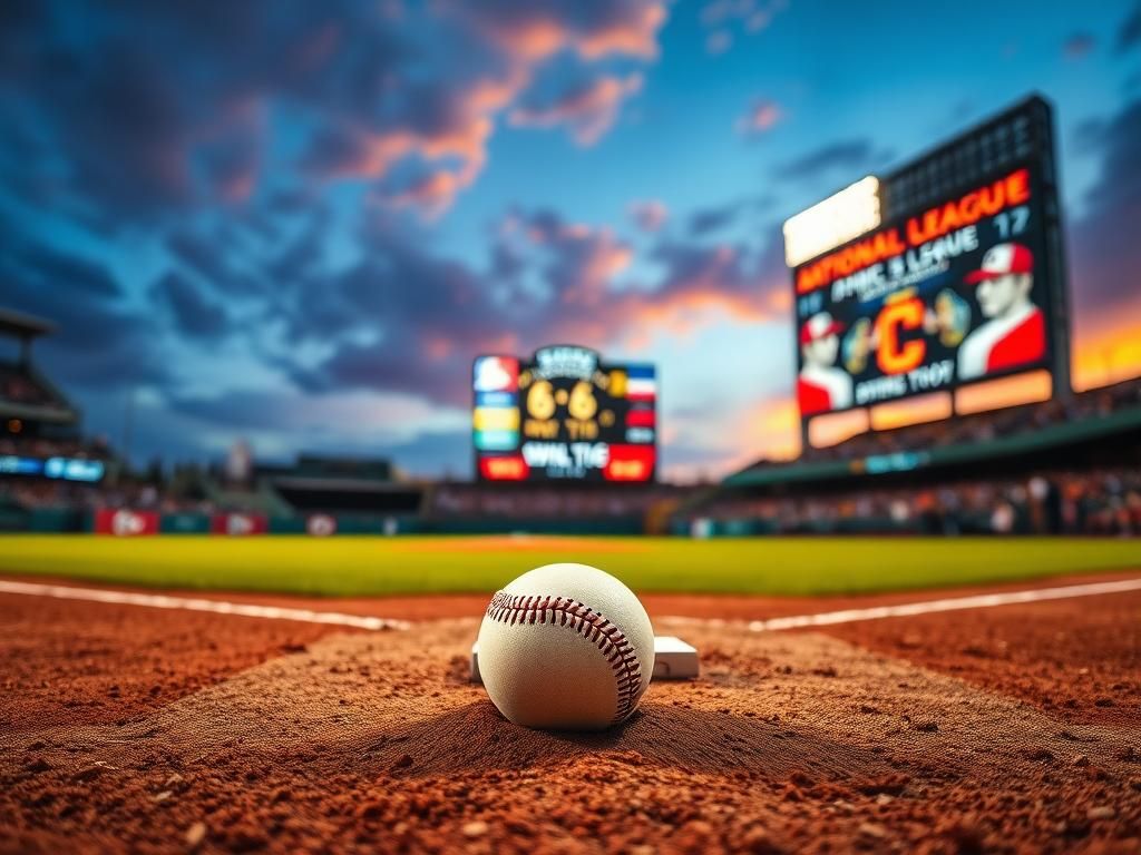 Flick International Close-up of home plate with baseball and NL, AL banners at a twilight stadium