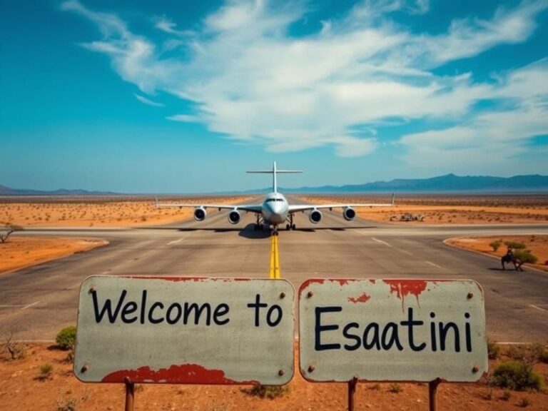 Flick International Aerial view of the airport in Eswatini with a cargo plane on the tarmac surrounded by arid landscapes and distant mountains.
