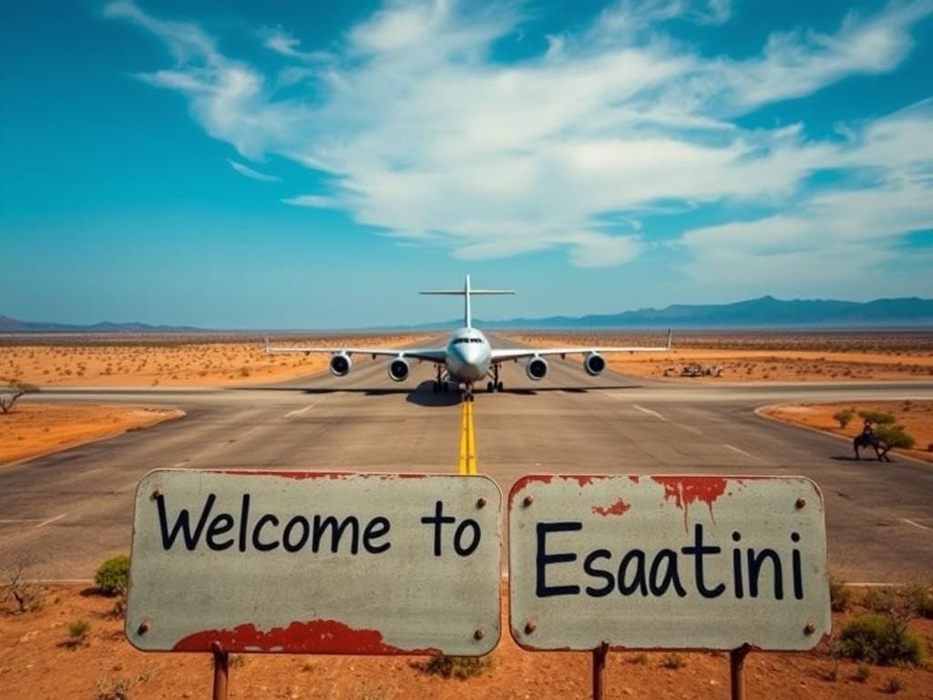 Flick International Aerial view of the airport in Eswatini with a cargo plane on the tarmac surrounded by arid landscapes and distant mountains.