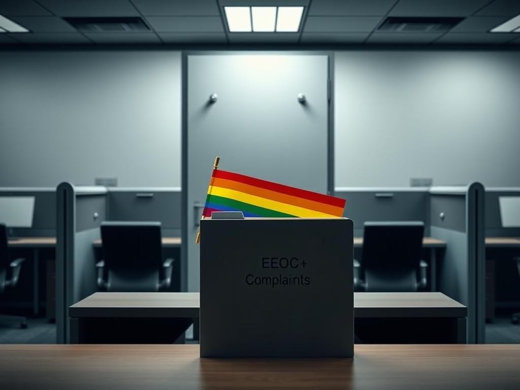 Flick International Corporate office environment depicting workplace discrimination against transgender individuals with a rainbow flag and EEOC Complaints folder