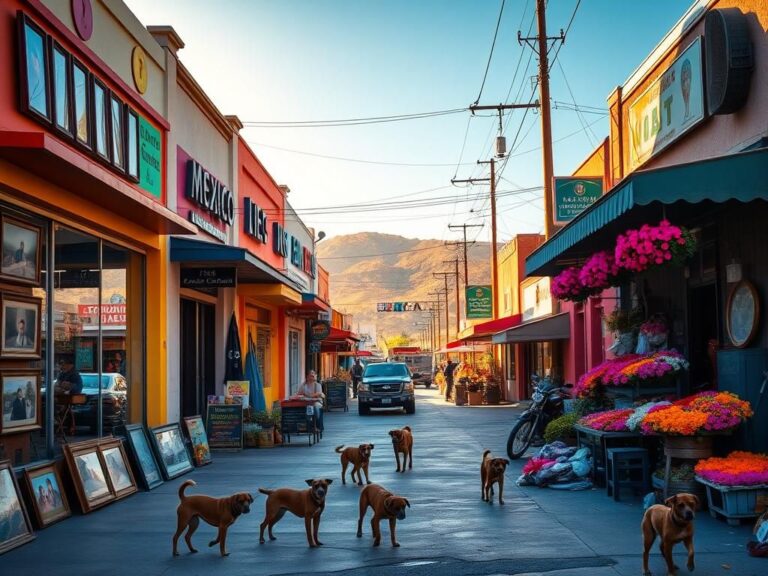 Flick International Bustling street scene in Nogales, Mexico with colorful shopfronts and market stalls.