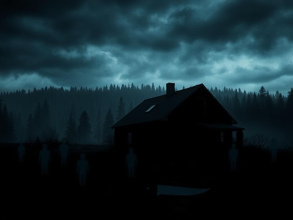 Flick International Dark landscape depicting an abandoned house and eerie forest in Idaho, symbolizing the mystery of the Bryan Kohberger case.
