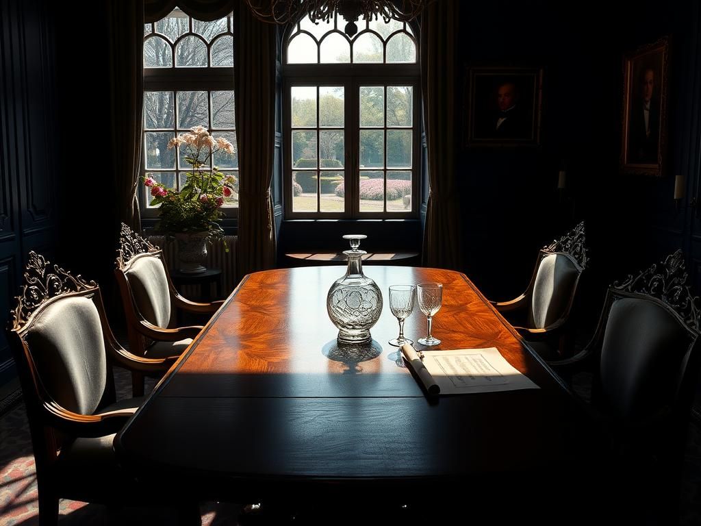 Flick International A luxurious interior of a regal meeting space with an ornate wooden table and empty chairs, symbolizing diplomatic tensions