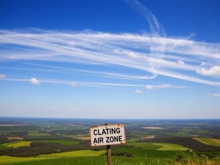 Flick International Clear blue sky with white contrails over a green landscape