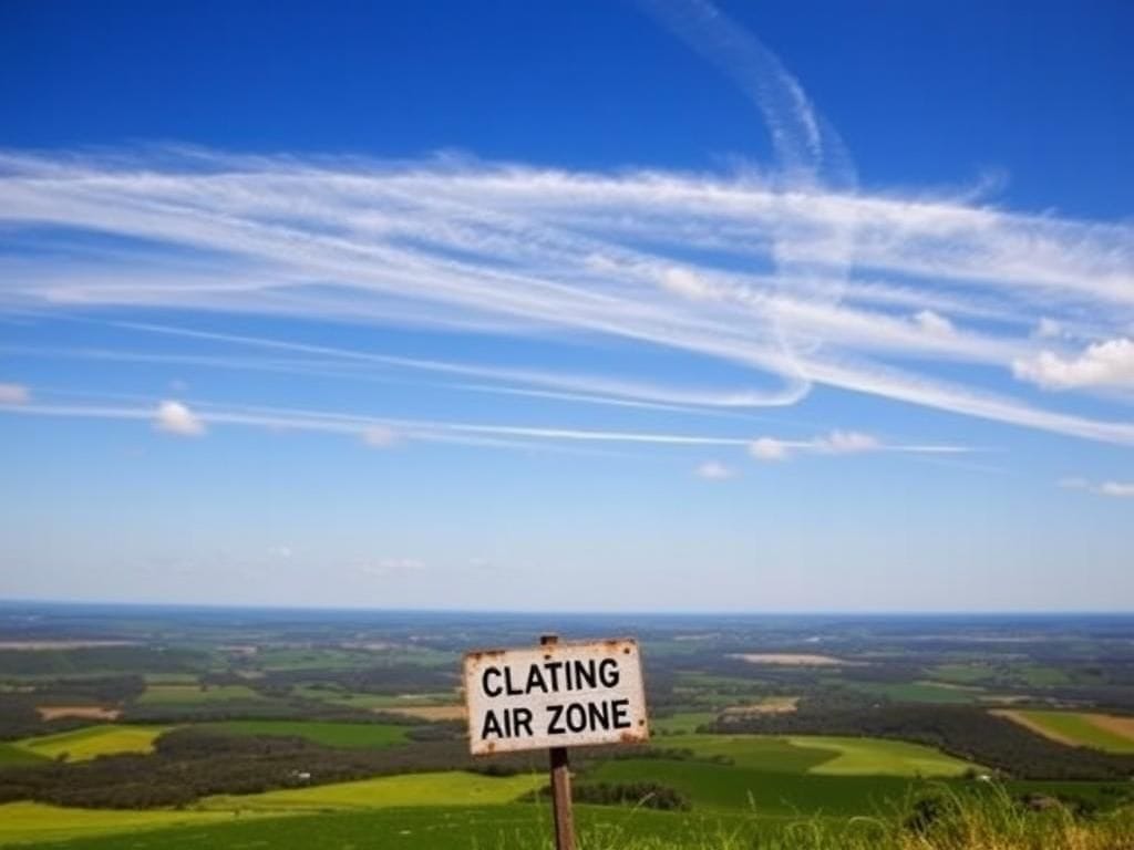 Flick International Clear blue sky with white contrails over a green landscape