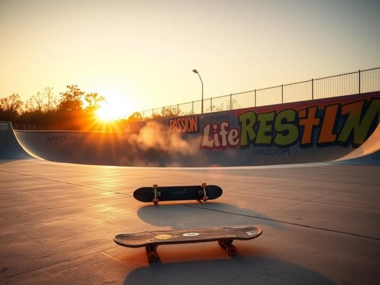 Flick International A vibrant skateboarding park at sunset with an empty halfpipe and skateboard decks