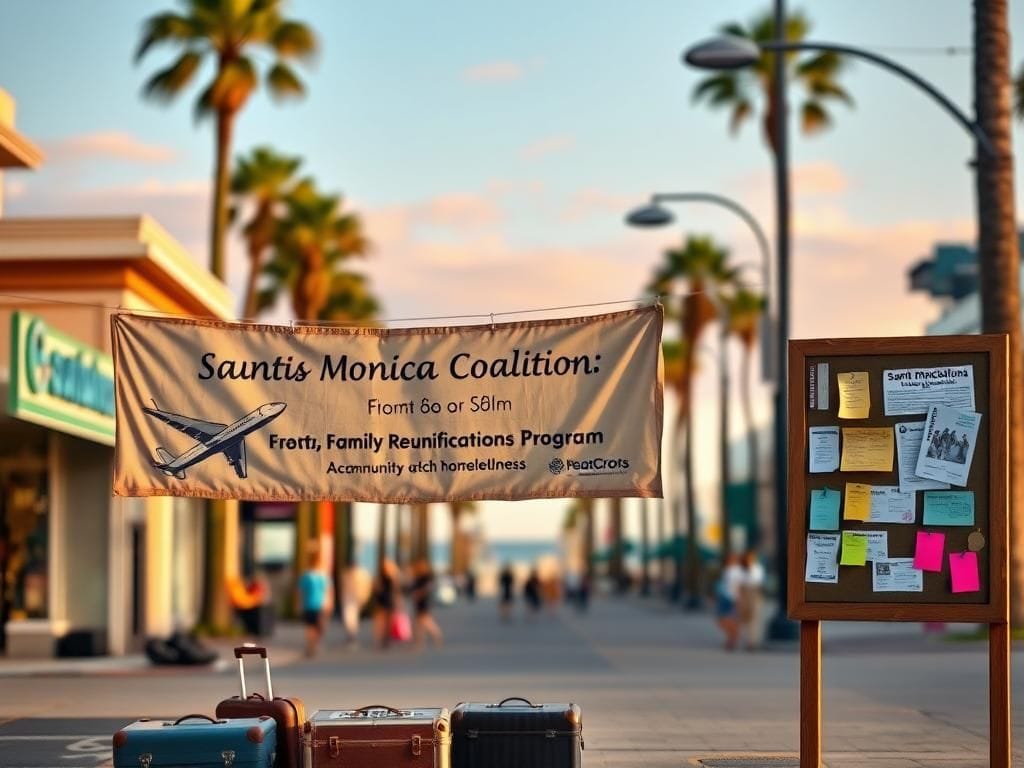 Flick International Bustling Santa Monica street scene with a banner for the Family Reunification Program