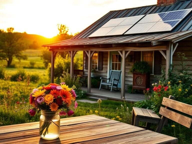 Flick International Rustic farmhouse with vintage furniture surrounded by greenery and wildflowers