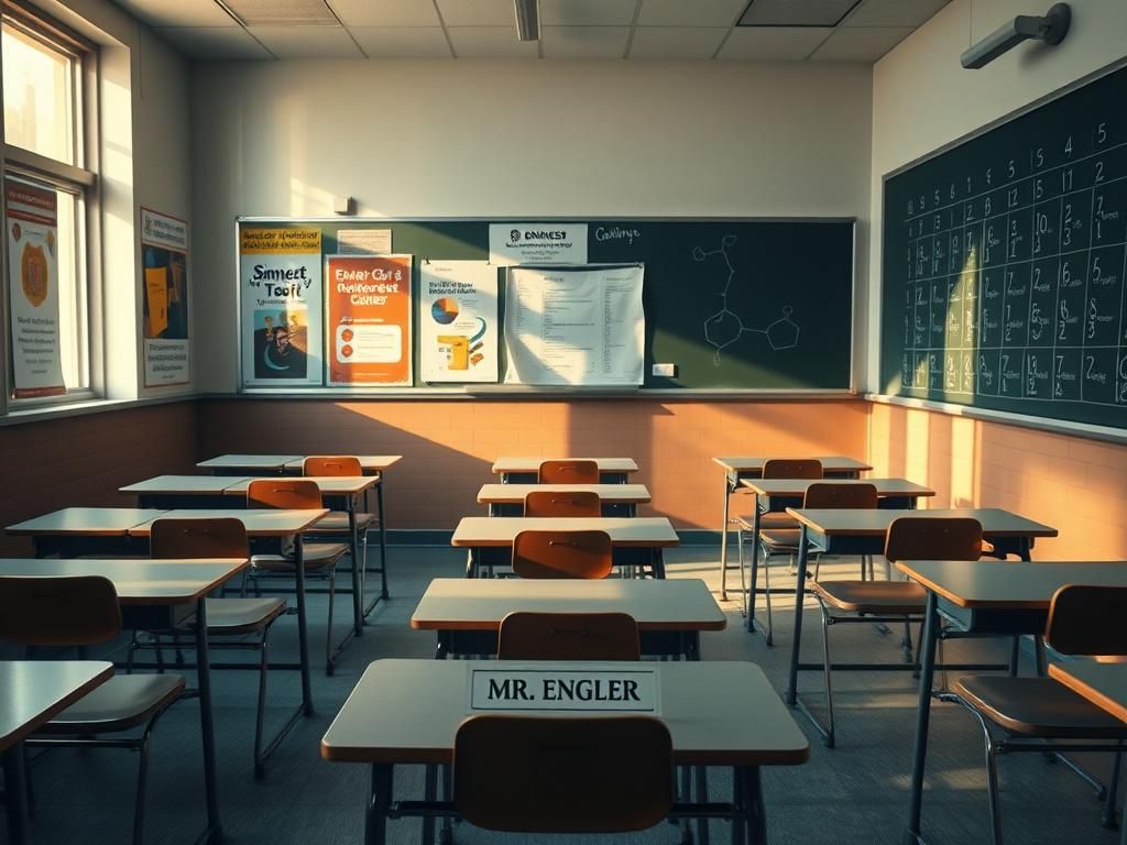 Flick International High school classroom with empty desks arranged according to a seating chart, showcasing educational posters on diversity.