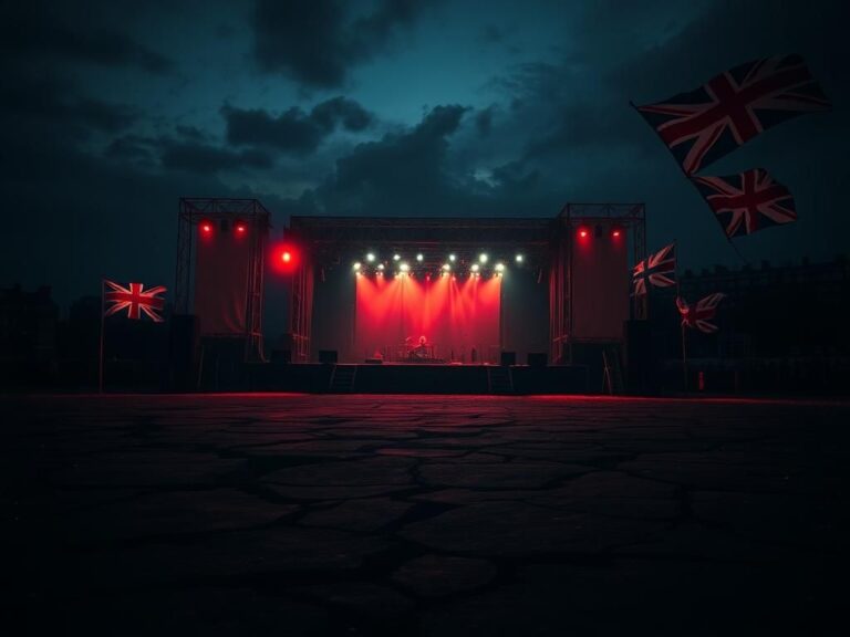 Flick International Dimly lit outdoor concert stage at night with empty banners and a worn-out ground