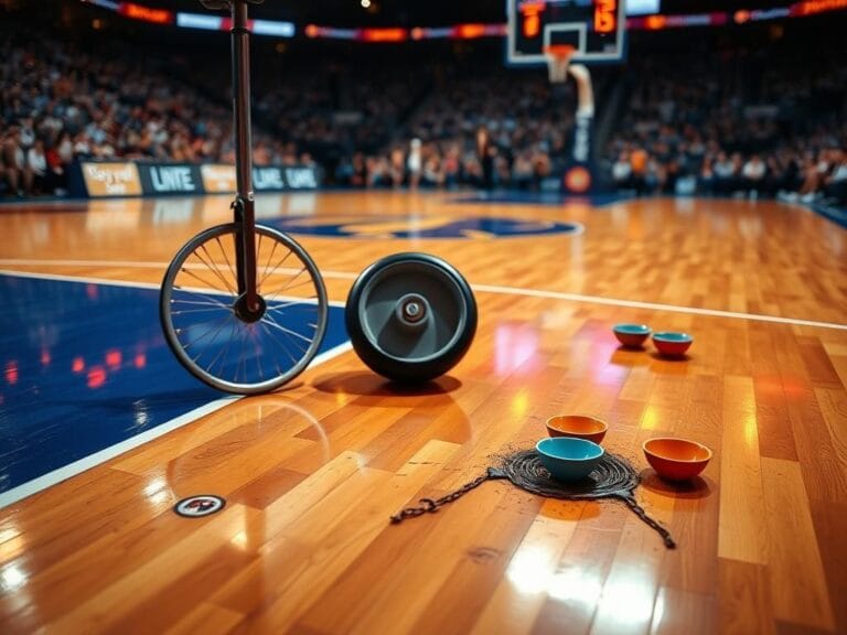 Flick International Close-up of polished basketball court with unicycle after performer Red Panda's fall