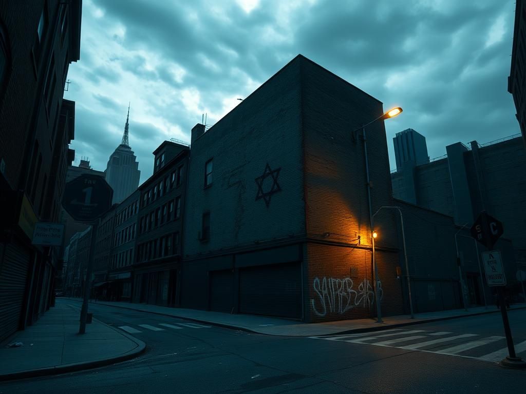 Flick International A somber cityscape of New York with a weathered brick building featuring a Star of David, symbolizing the Jewish community's presence amidst rising antisemitism.